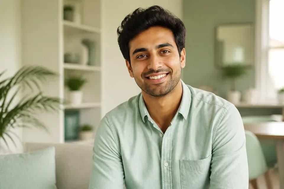 A healthy young Indian adult in a bright modern home
