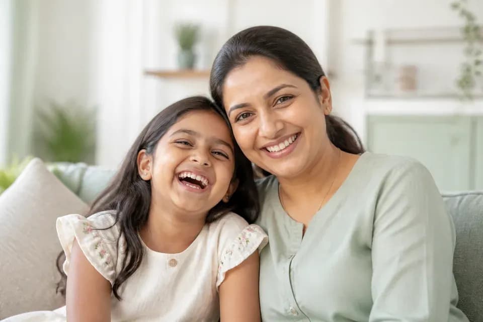 A happy Indian child laughing with her mother at home