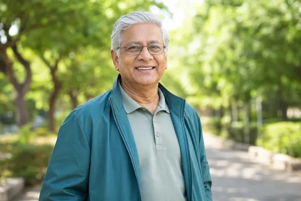 An active Indian senior enjoying a walk in a bright green park
