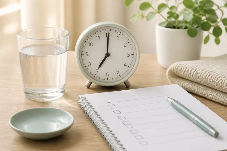 A glass of water, clock and checklist ready for a health check-up