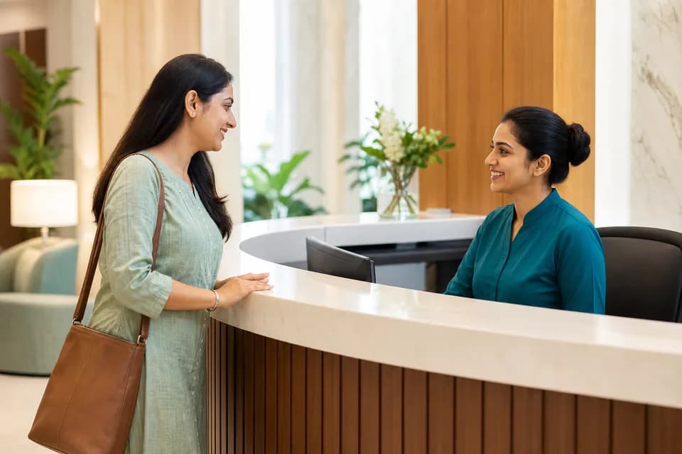 A patient checking in with a hospital receptionist