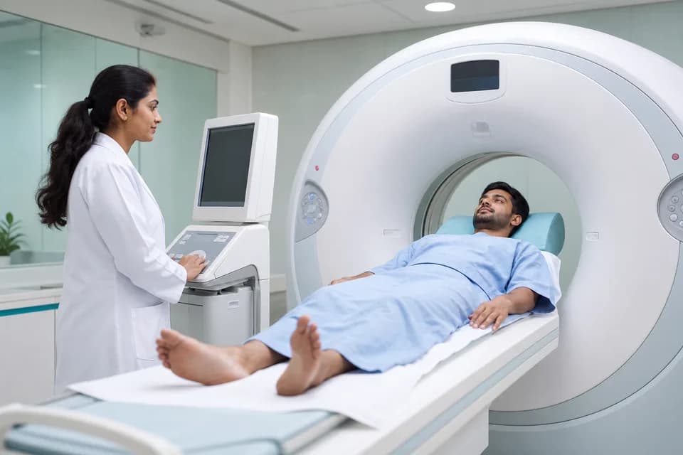 A clinician guiding a patient through a diagnostic scan